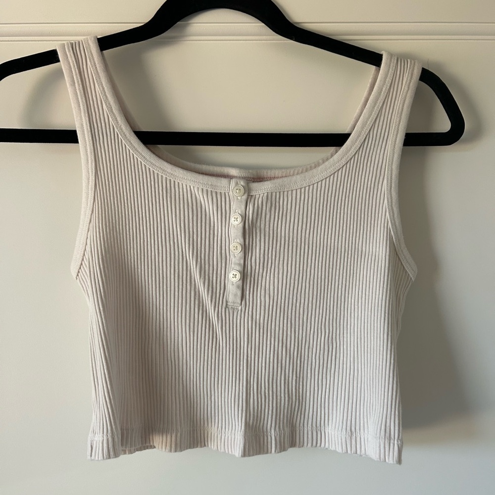 Uniqlo White Ribbed Button Tank Top